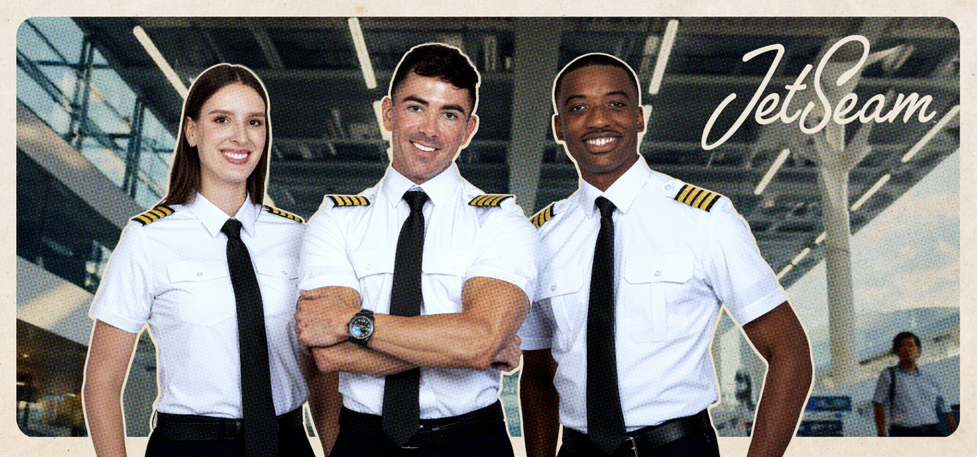 a female pilot and two male pilots wearing their pilot uniforms in the airport, with the JetSeam logo in the right corner.