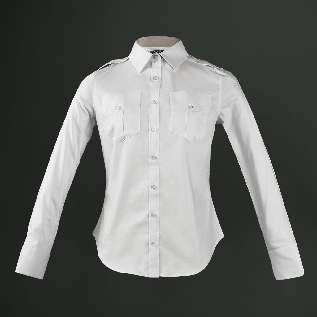 Women's Pilot Shirt - Gold - Long - 57% Cotton/38% Polyester/5% Spandex - White - Size 2 - JetSeam - No Eyelets Women's Pilot Shirt - Gold - Long - 57% Cotton/38% Polyester/5% Spandex - White - Size 2 - JetSeam - No Eyelets